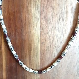 Beaded Necklace Men Women Unisex 18" Silver Brown Tan